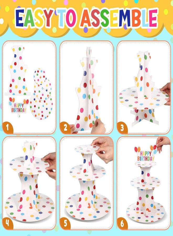 Zopeal Happy Birthday Cupcake Stand 3 Tier Birthday Party Cupcake Holder Polka Dots Cake Stand Holder Cardboard Dessert Tower for Theme Party Supplies Cake Decorations - Image 2